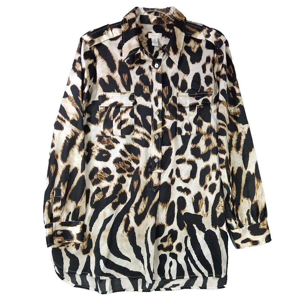 Chico's Women's Size 2  Button Down Shirt Blouse Cream Brown black